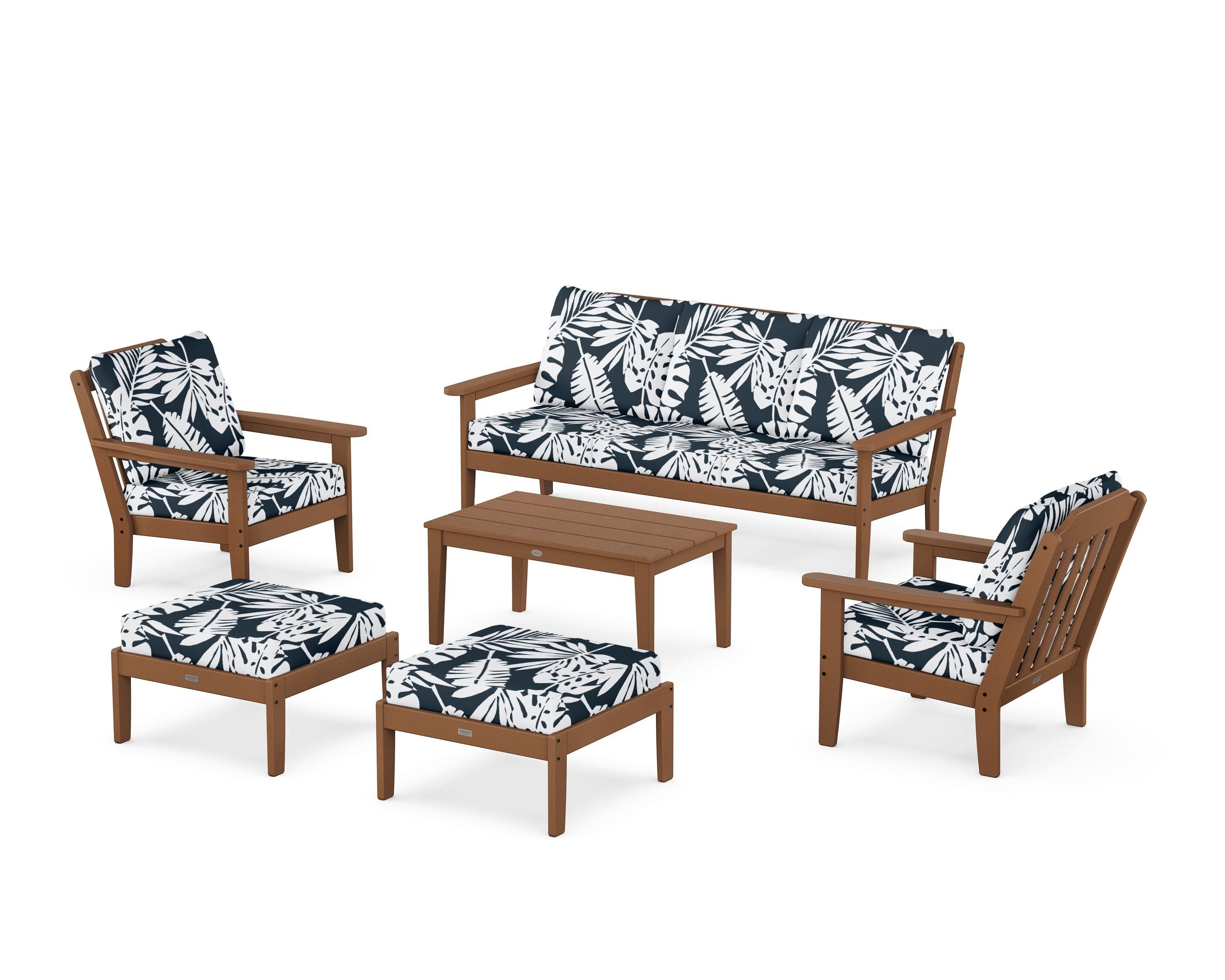 Country Living Cottage 6-Piece Lounge Sofa Set in Teak / Leaf Marine Indigo