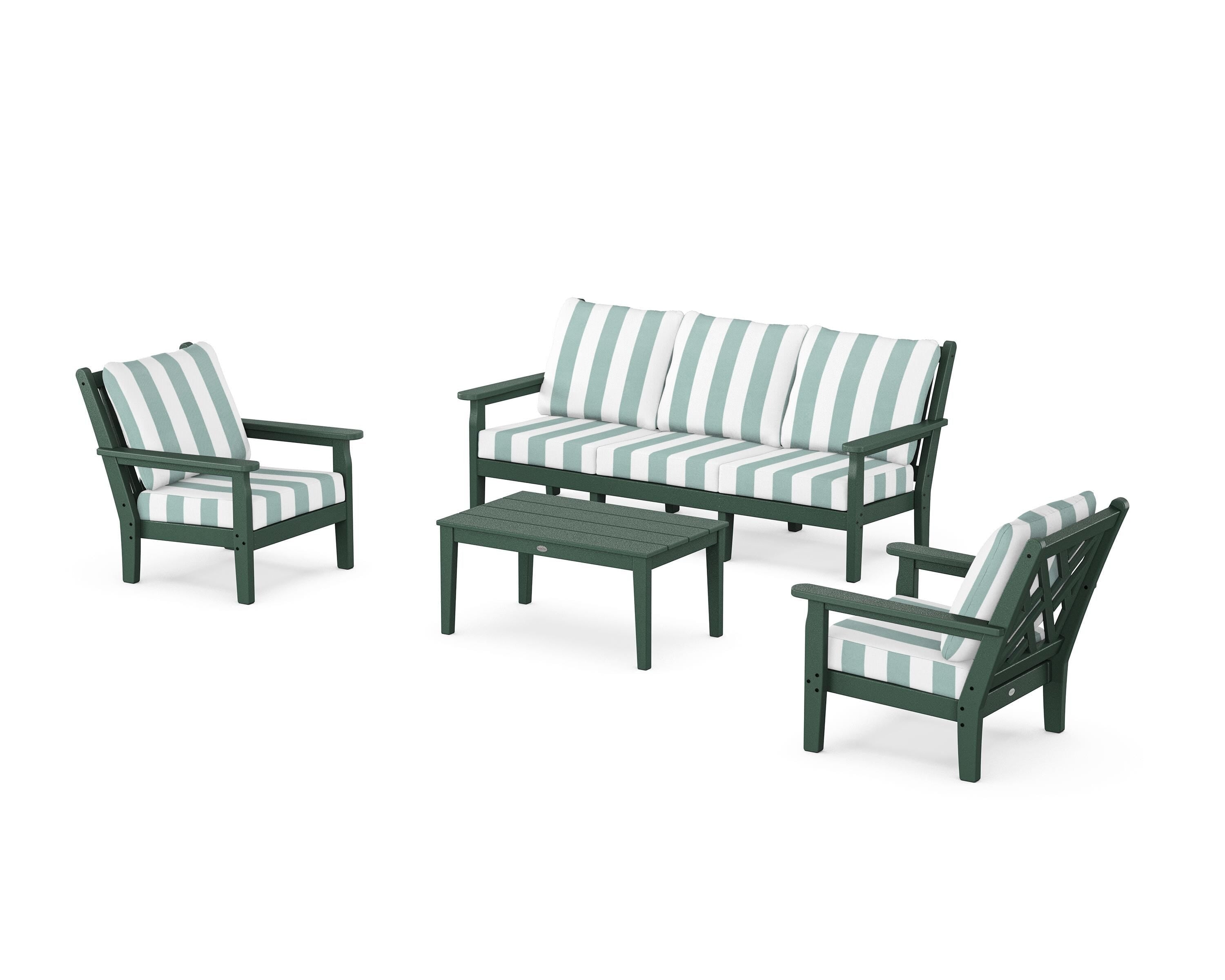 POLYWOOD® Chippendale 4-Piece Deep Seating Set with Sofa in Green / Cabana Stripe Glacier Spa