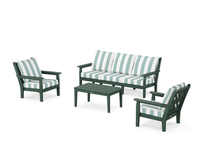 POLYWOOD® Chippendale 4-Piece Deep Seating Set with Sofa in Green / Cabana Stripe Glacier Spa