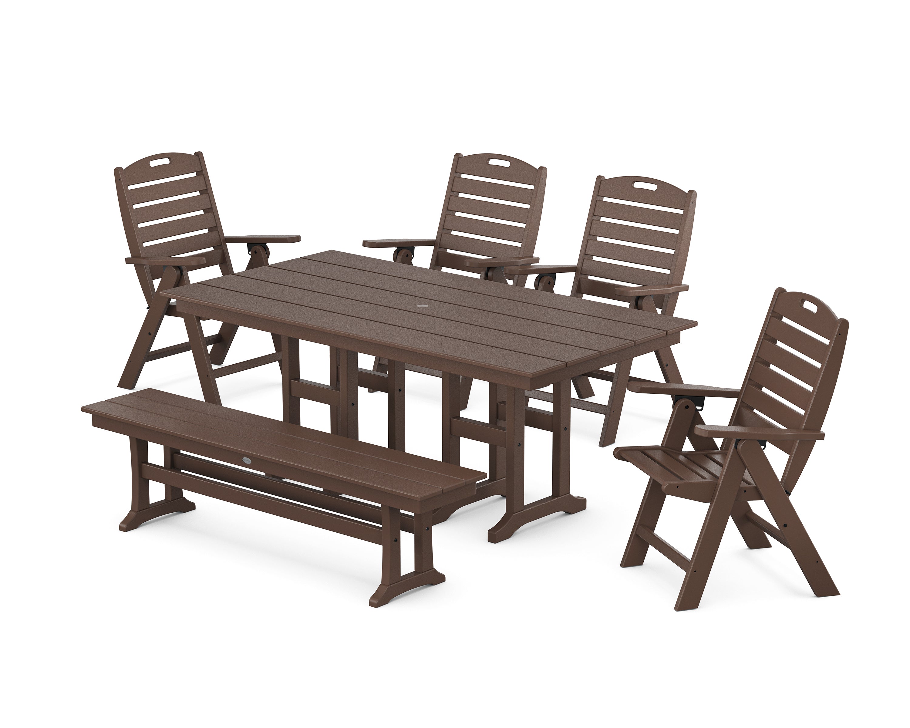 POLYWOOD® Nautical Highback 6-Piece Farmhouse Dining Set with Bench in Mahogany
