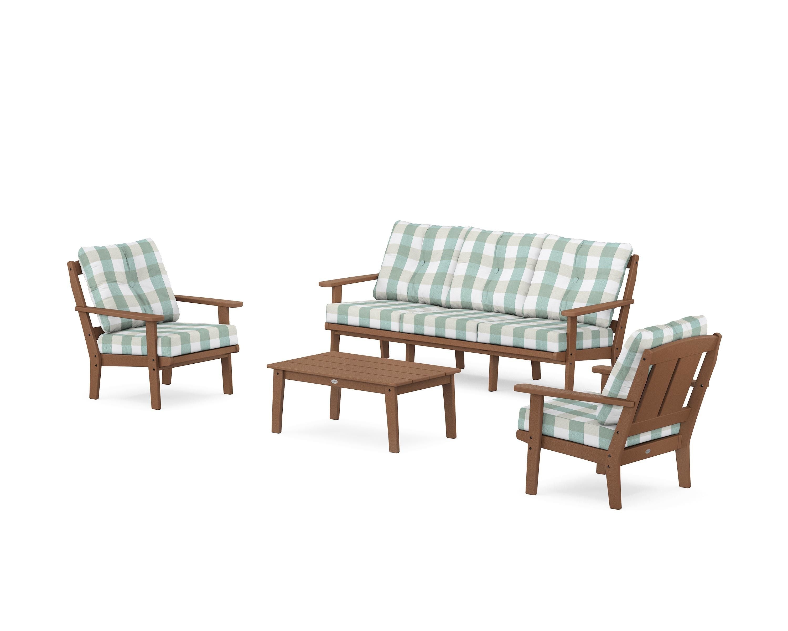 POLYWOOD® Mission 4-Piece Deep Seating Set with Sofa in Teak / Buffalo Plaid Glacier Spa