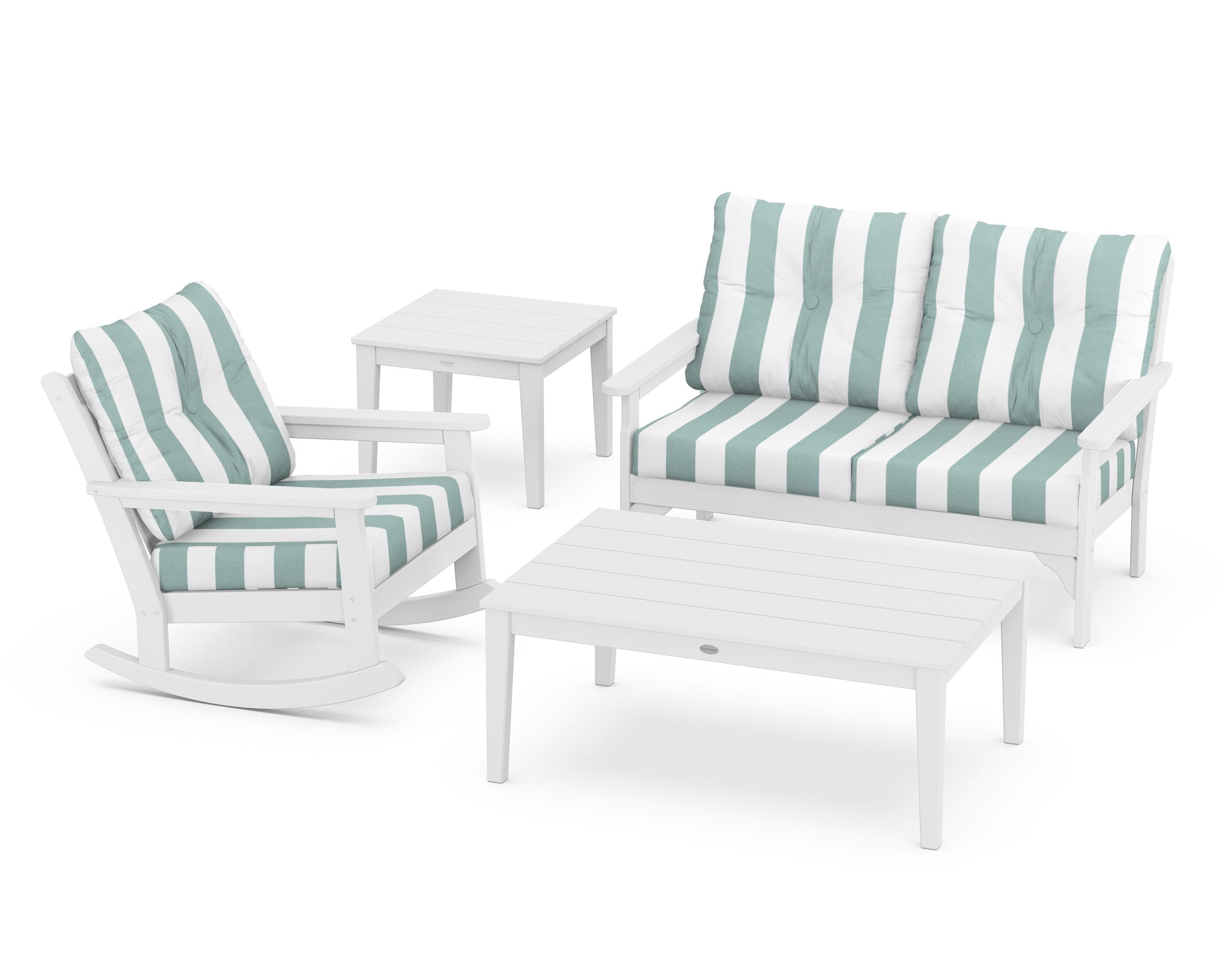 POLYWOOD® Vineyard 4-Piece Deep Seating Rocker Set in White / Cabana Stripe Glacier Spa