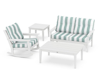 POLYWOOD® Vineyard 4-Piece Deep Seating Rocker Set in White / Cabana Stripe Glacier Spa