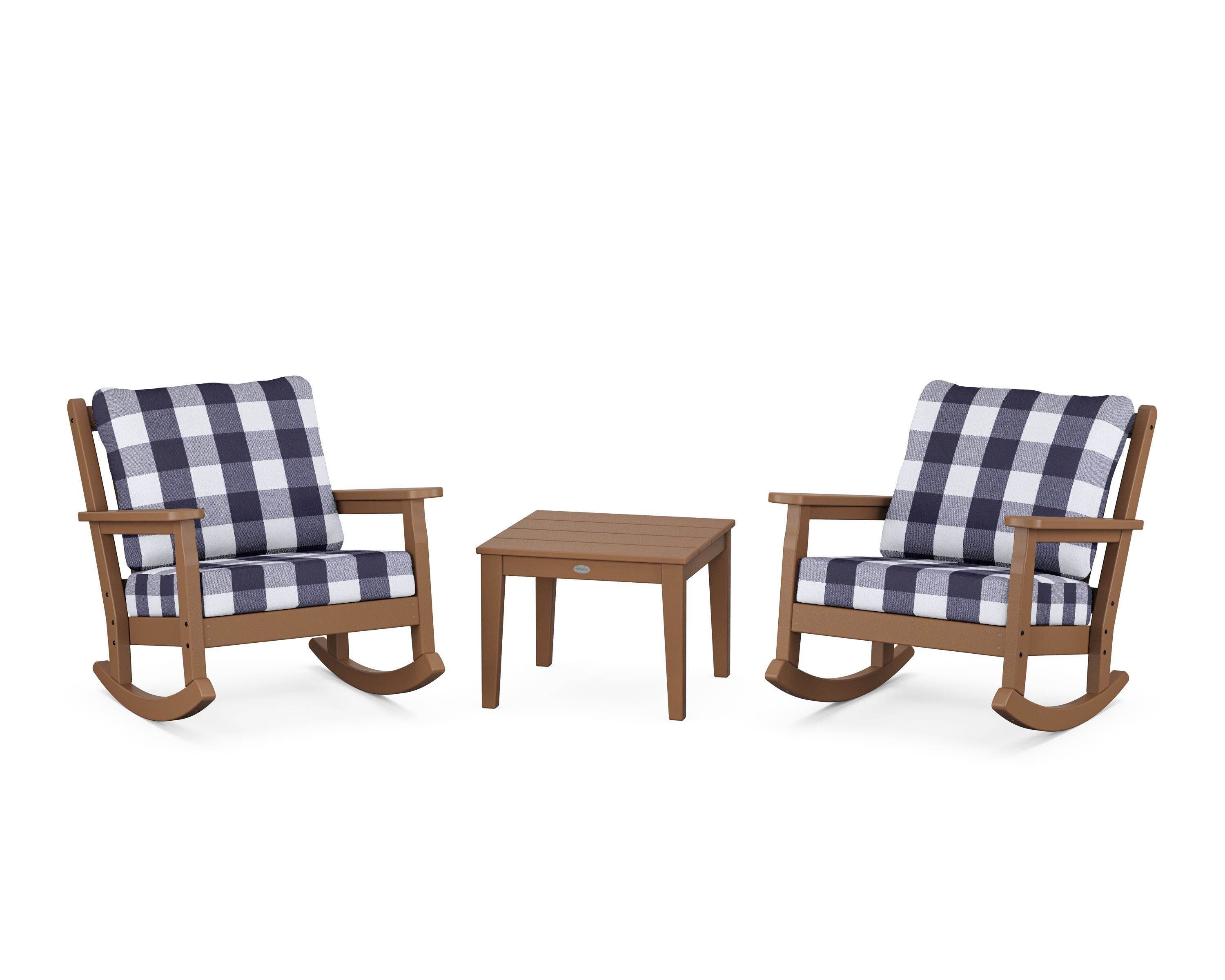 POLYWOOD® Chippendale 3-Piece Deep Seating Rocker Set in Teak / Buffalo Plaid Navy