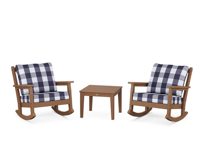 POLYWOOD® Chippendale 3-Piece Deep Seating Rocker Set in Teak / Buffalo Plaid Navy