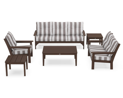 POLYWOOD® Vineyard 6-Piece Deep Seating Set in Mahogany / Cabana Stripe Grey Mist