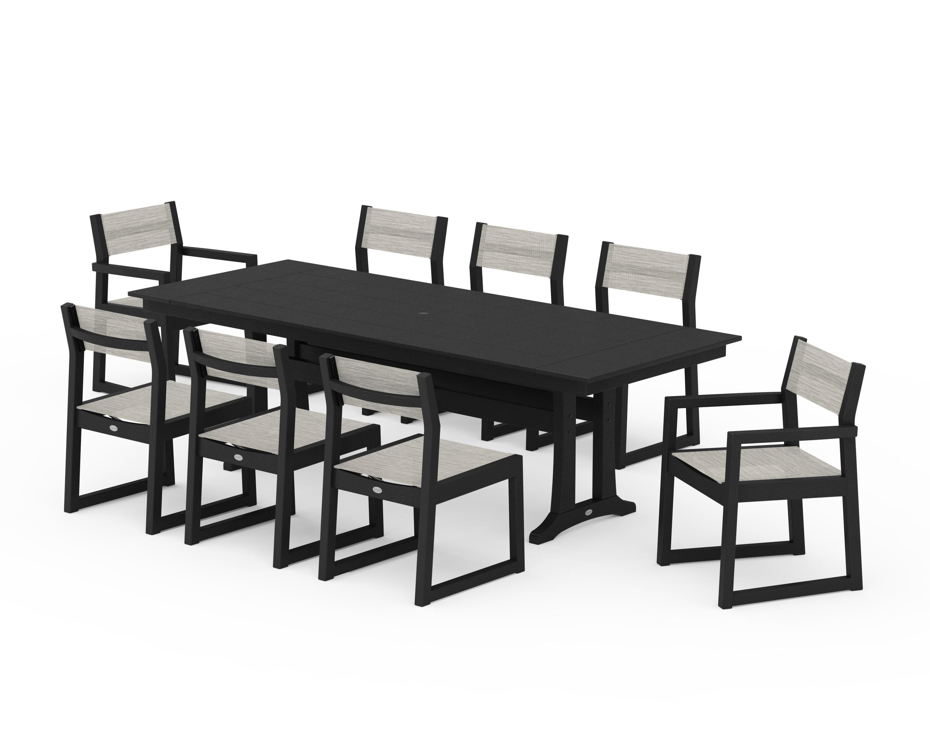 POLYWOOD® EDGE Sling 9-Piece Farmhouse Trestle Dining Set in Black / Birch Sling