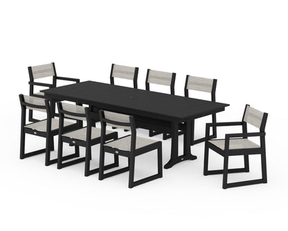 POLYWOOD® EDGE Sling 9-Piece Farmhouse Trestle Dining Set in Black / Birch Sling