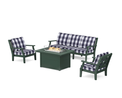 Martha Stewart by POLYWOOD® Chinoiserie Deep Seating Fire Pit Table Set in Green / Buffalo Plaid Navy