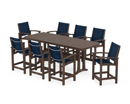 POLYWOOD® Coastal 9-Piece Counter Set with Trestle Legs in Mahogany / Navy Blue Sling