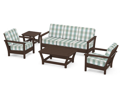 POLYWOOD® Harbour 5-Piece Deep Seating Set in Mahogany / Buffalo Plaid Glacier Spa