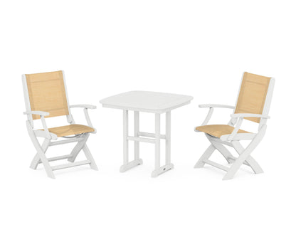 POLYWOOD® Coastal Folding Chair 3-Piece Dining Set in White / Dupioni Apricot Sling