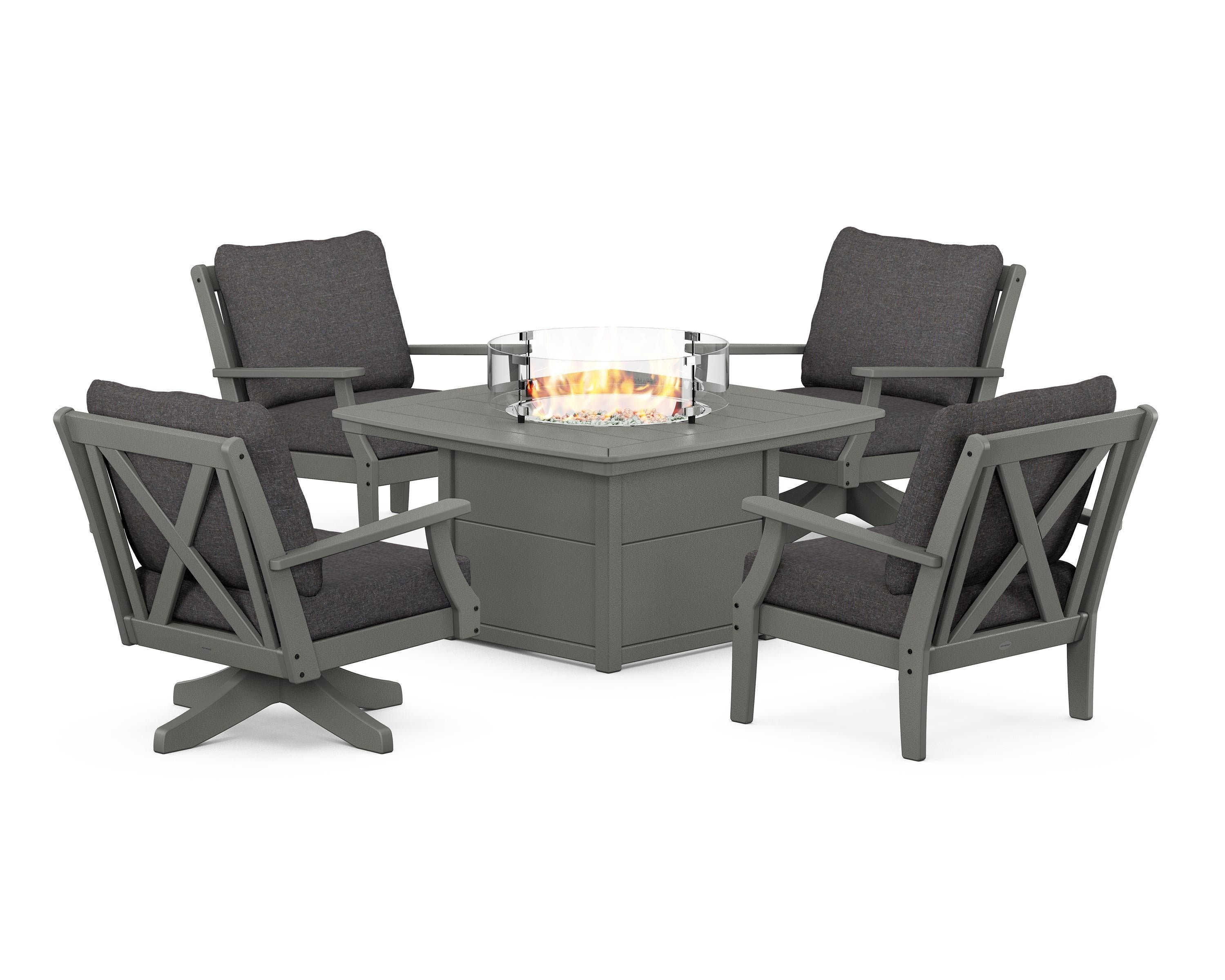 POLYWOOD® Braxton 5-Piece Deep Seating Set with Fire Table in Slate Grey / Ash Charcoal
