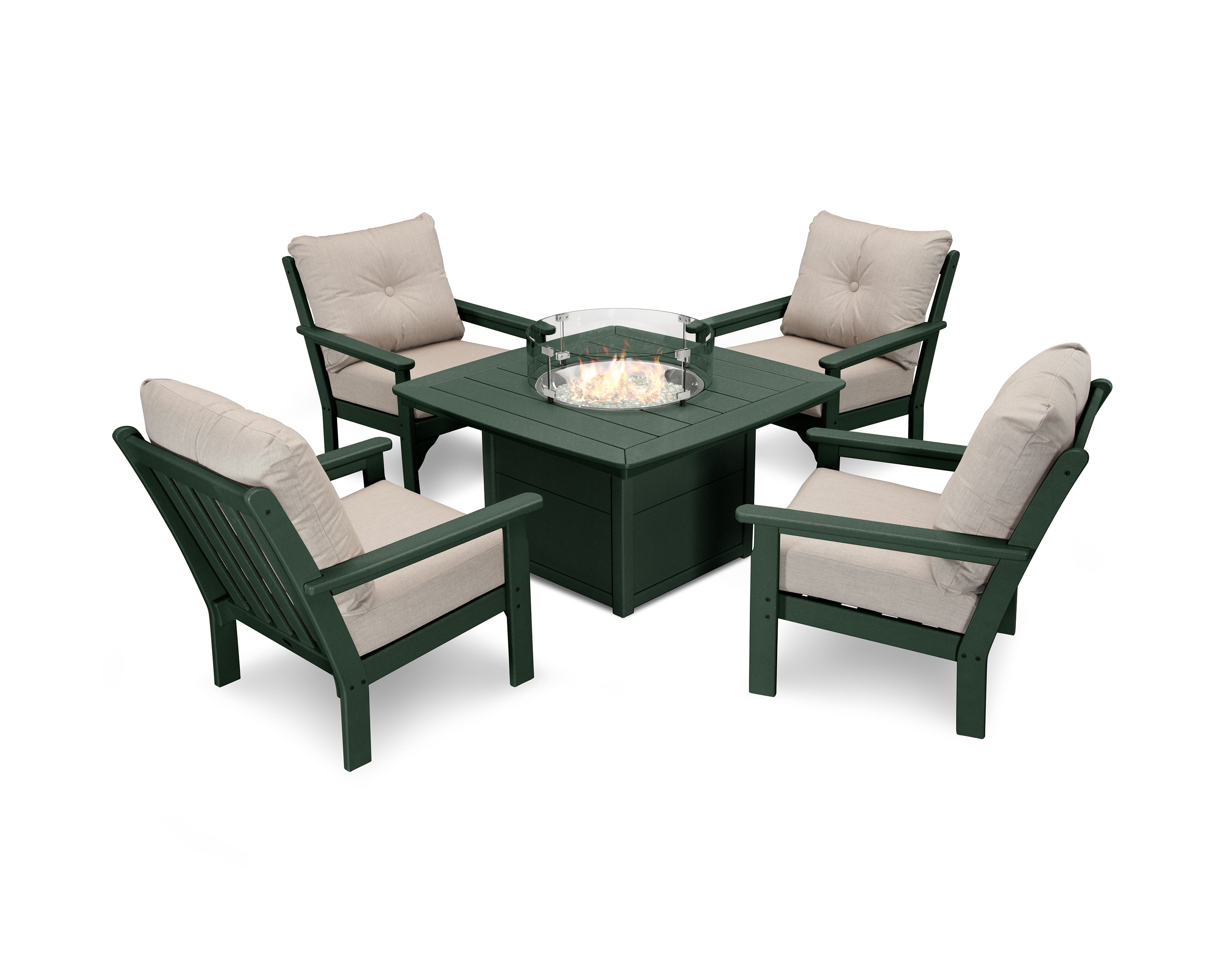 POLYWOOD® Vineyard 5-Piece Conversation Set with Fire Pit Table in Green / Cast Ash