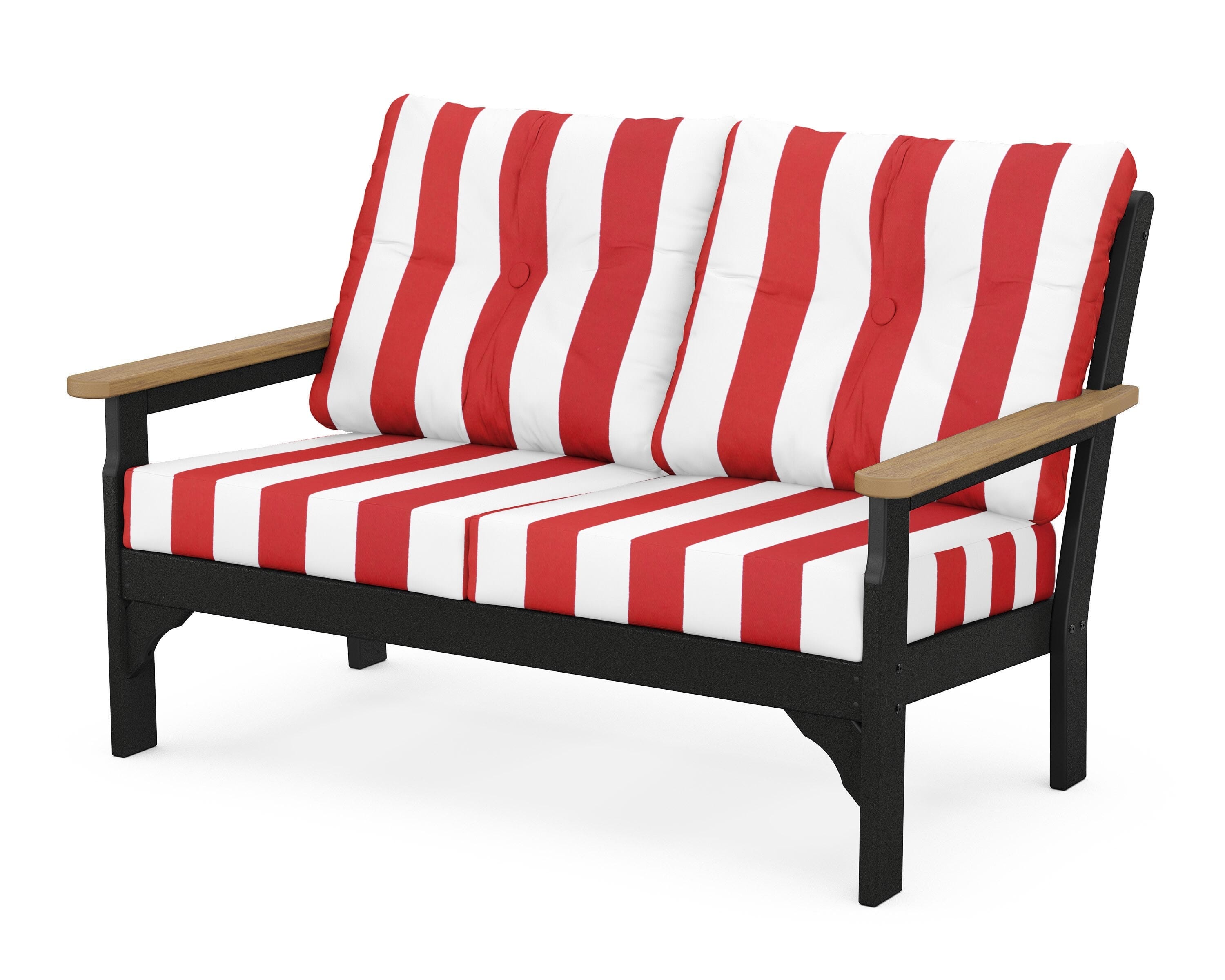 POLYWOOD® Vineyard Deep Seating Loveseat in Black / Natural / Cabana Stripe Crimson
