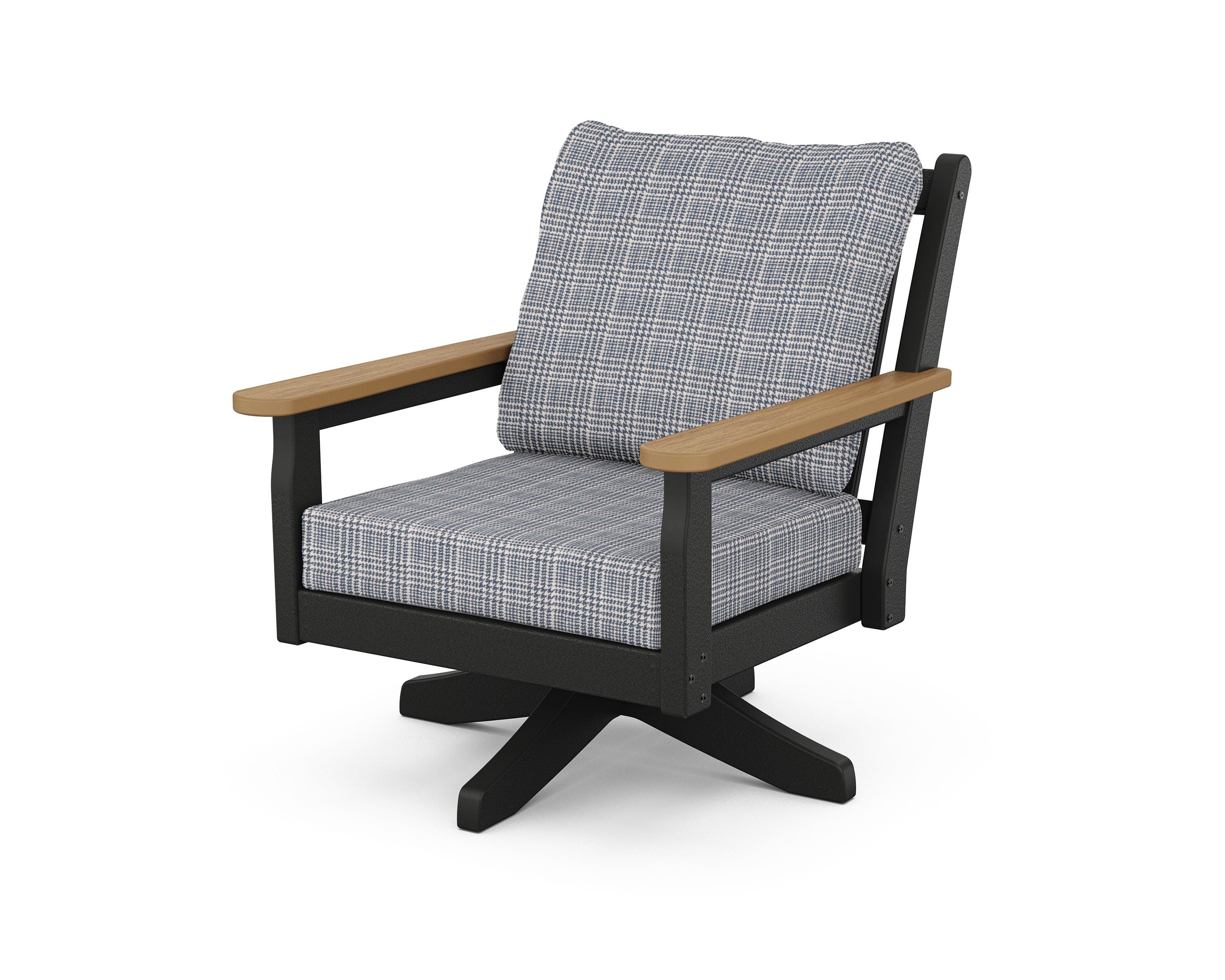 POLYWOOD® Chippendale Deep Seating Swivel Chair in Black / Natural / Houndstooth Sky Blue