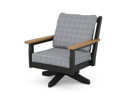 POLYWOOD® Chippendale Deep Seating Swivel Chair in Black / Natural / Houndstooth Sky Blue