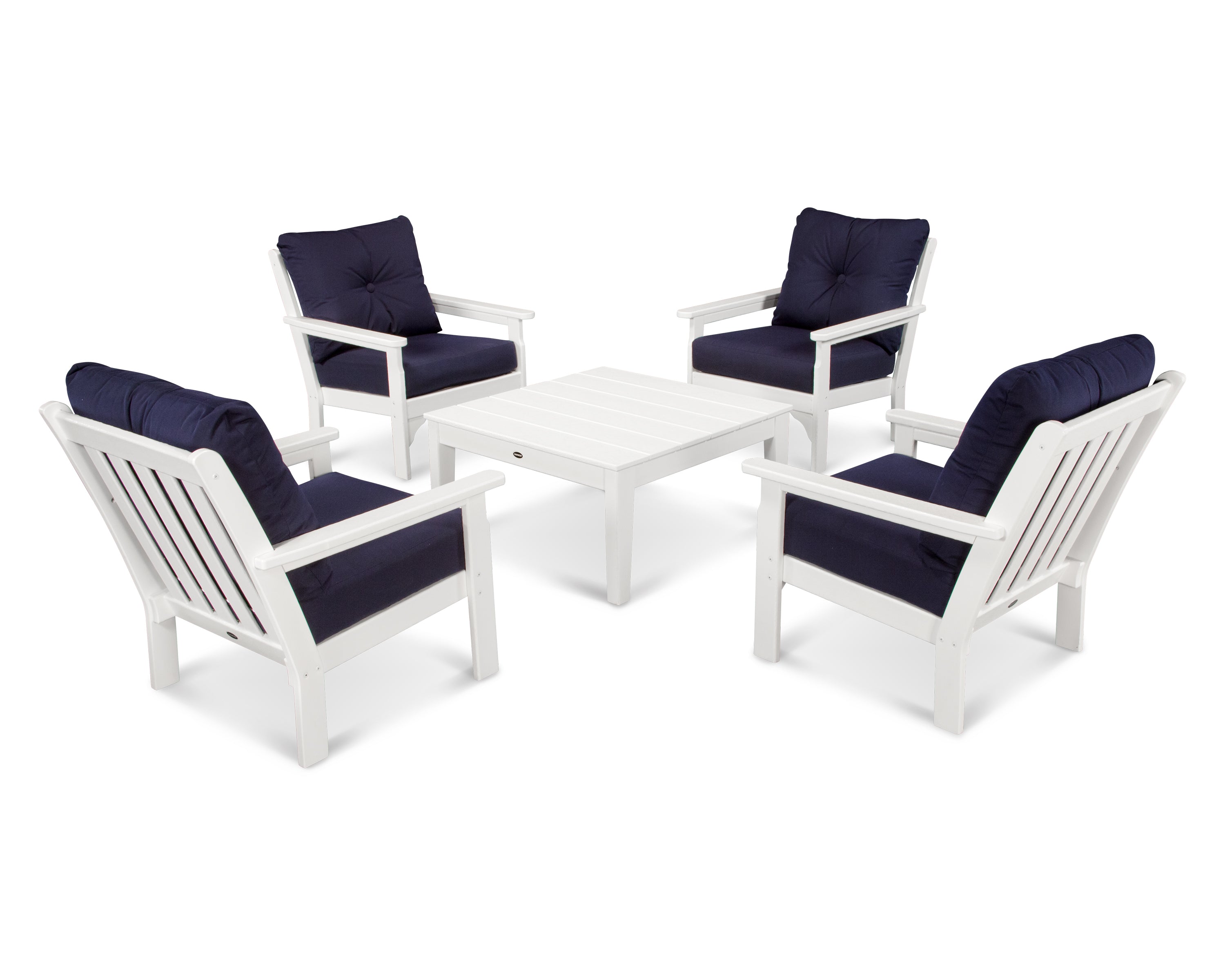 POLYWOOD® Vineyard 5-Piece Deep Seating Conversation Set in White / Navy