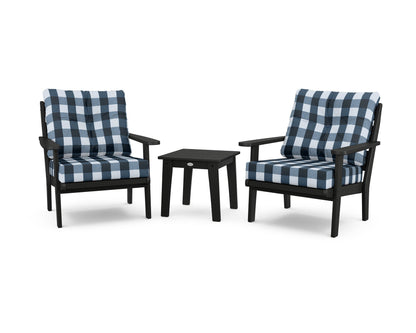 POLYWOOD® Lakeside 3-Piece Deep Seating Chair Set in Black / Buffalo Plaid Marine Indigo