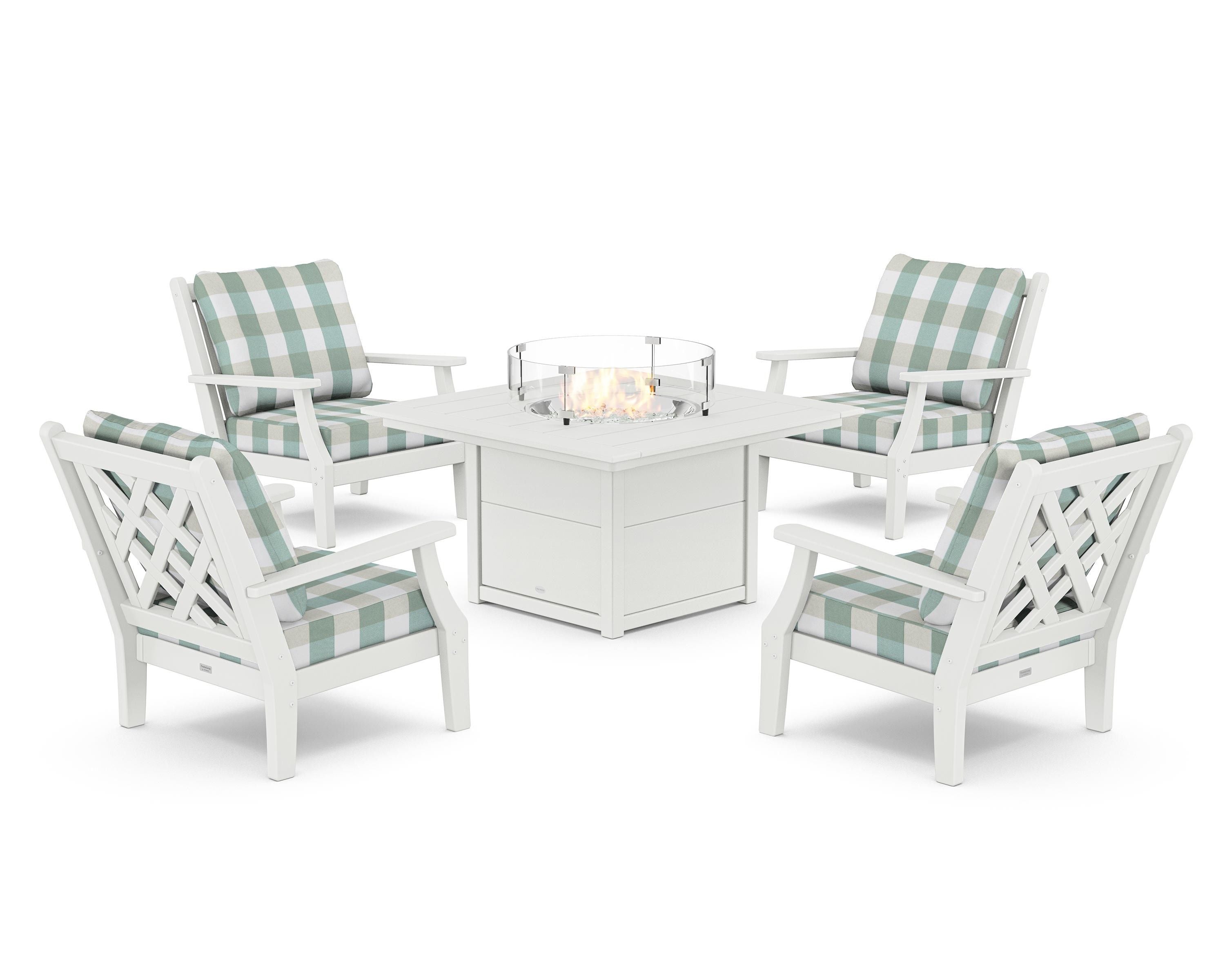 Country Living Wovendale 5-Piece Deep Seating Set with Fire Pit Table in White / Buffalo Plaid Glacier Spa