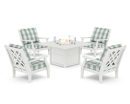 Country Living Wovendale 5-Piece Deep Seating Set with Fire Pit Table in White / Buffalo Plaid Glacier Spa
