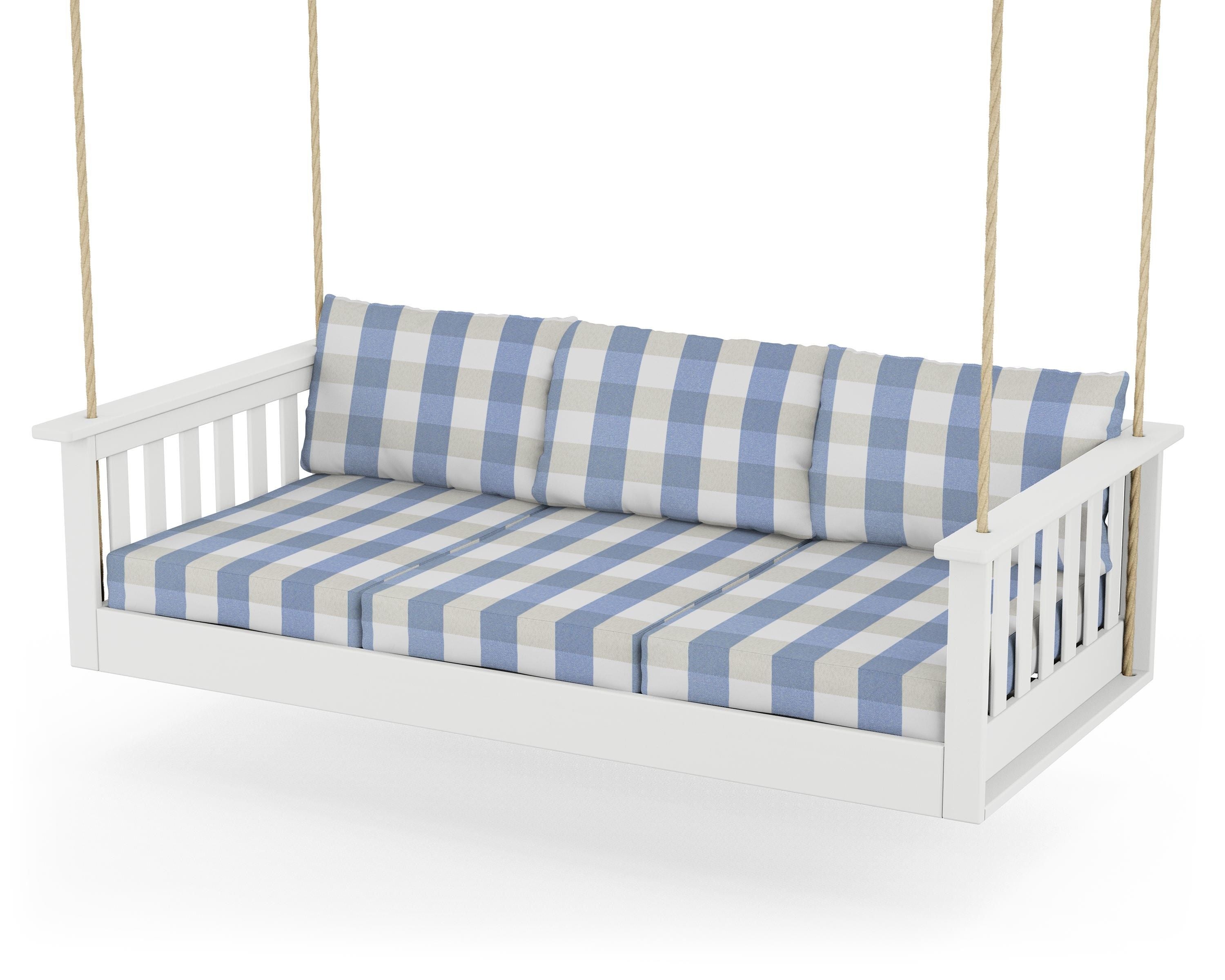 POLYWOOD® Vineyard Daybed Swing in White / Buffalo Plaid Sky Blue