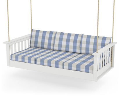 POLYWOOD® Vineyard Daybed Swing in White / Buffalo Plaid Sky Blue