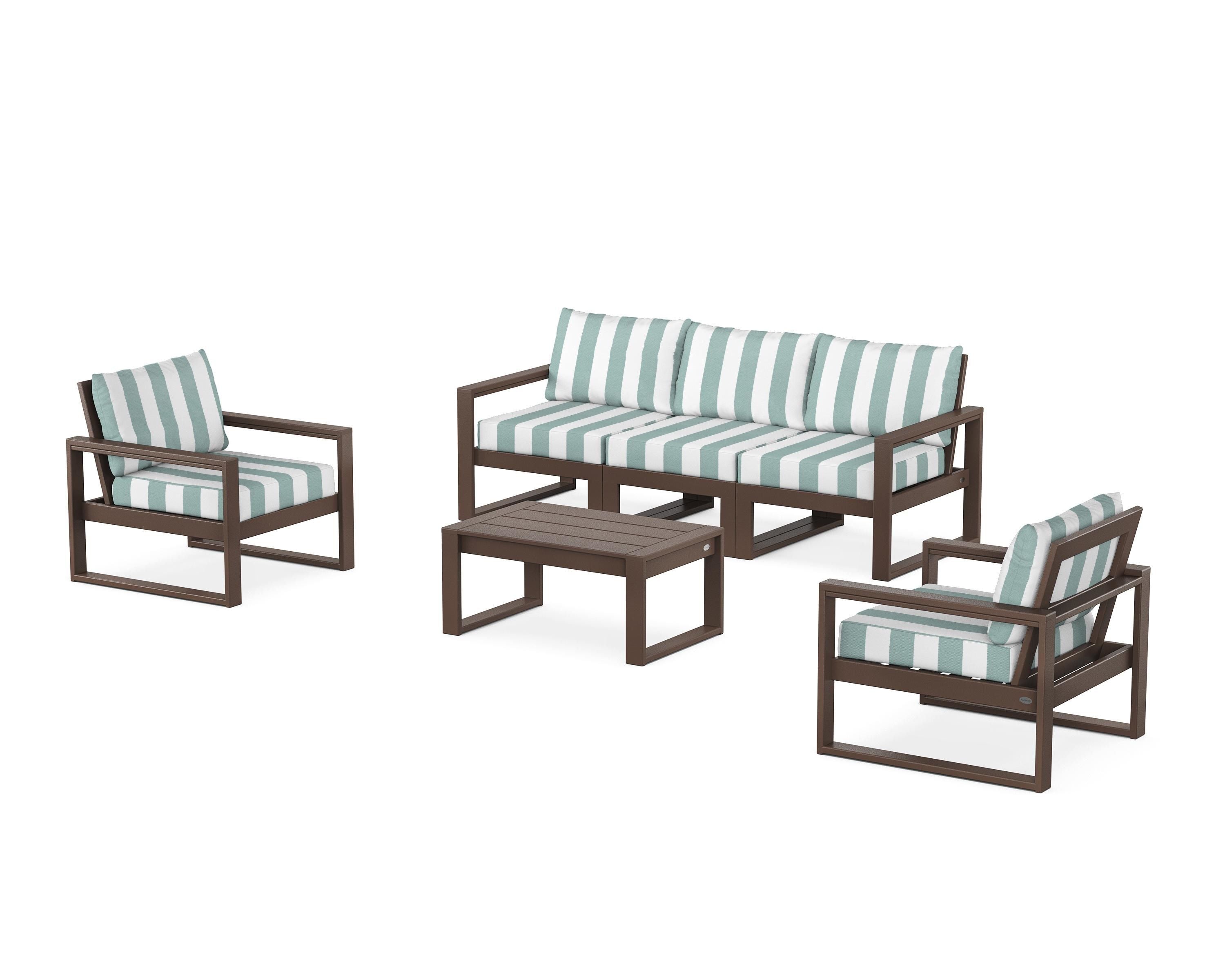 POLYWOOD® EDGE Sectional 4-Piece Deep Seating Set with Sofa in Mahogany / Cabana Stripe Glacier Spa