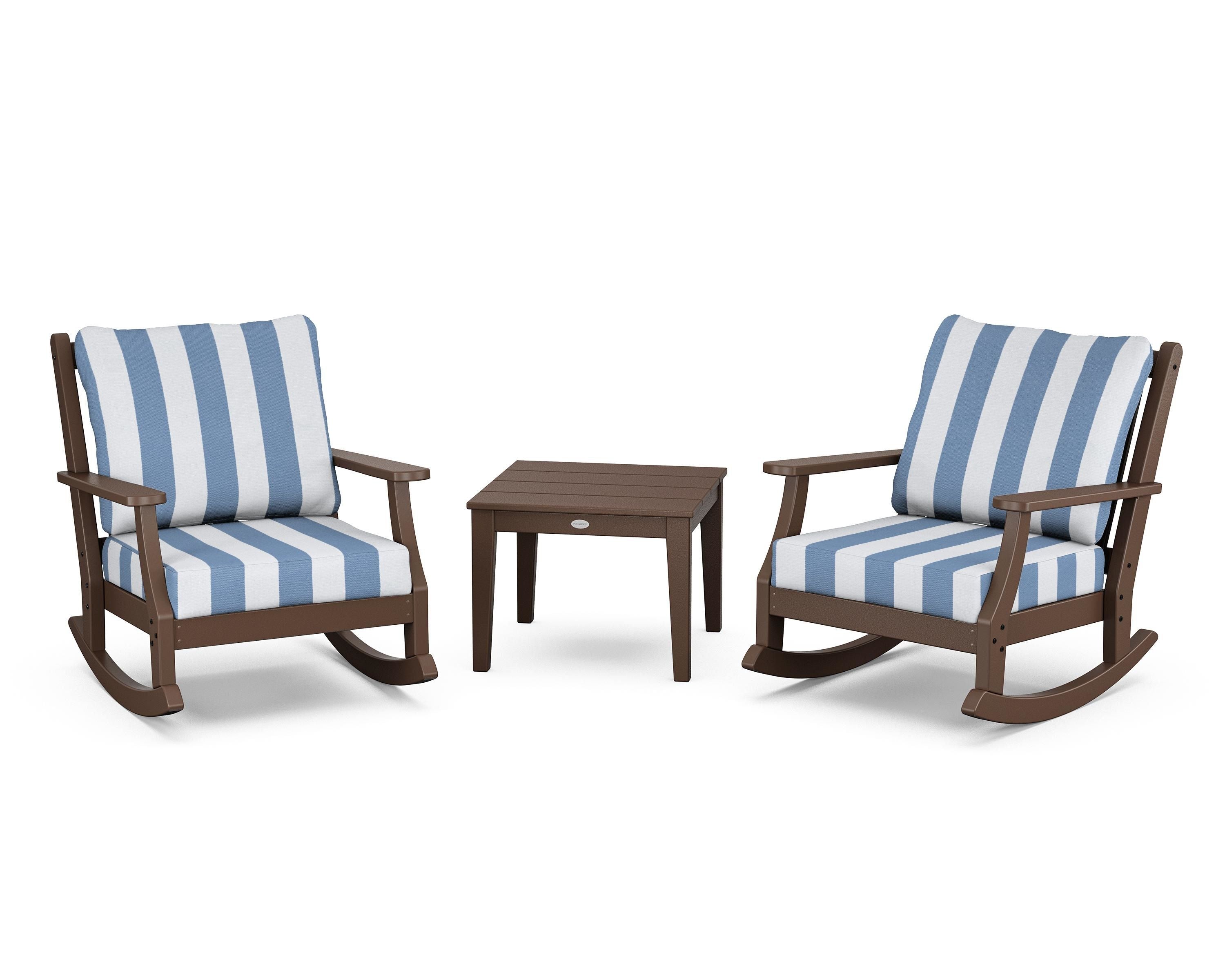 Country Living Wovendale 3-Piece Deep Seating Rocker Set in Mahogany / Cabana Stripe Sky Blue