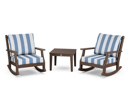 Country Living Wovendale 3-Piece Deep Seating Rocker Set in Mahogany / Cabana Stripe Sky Blue