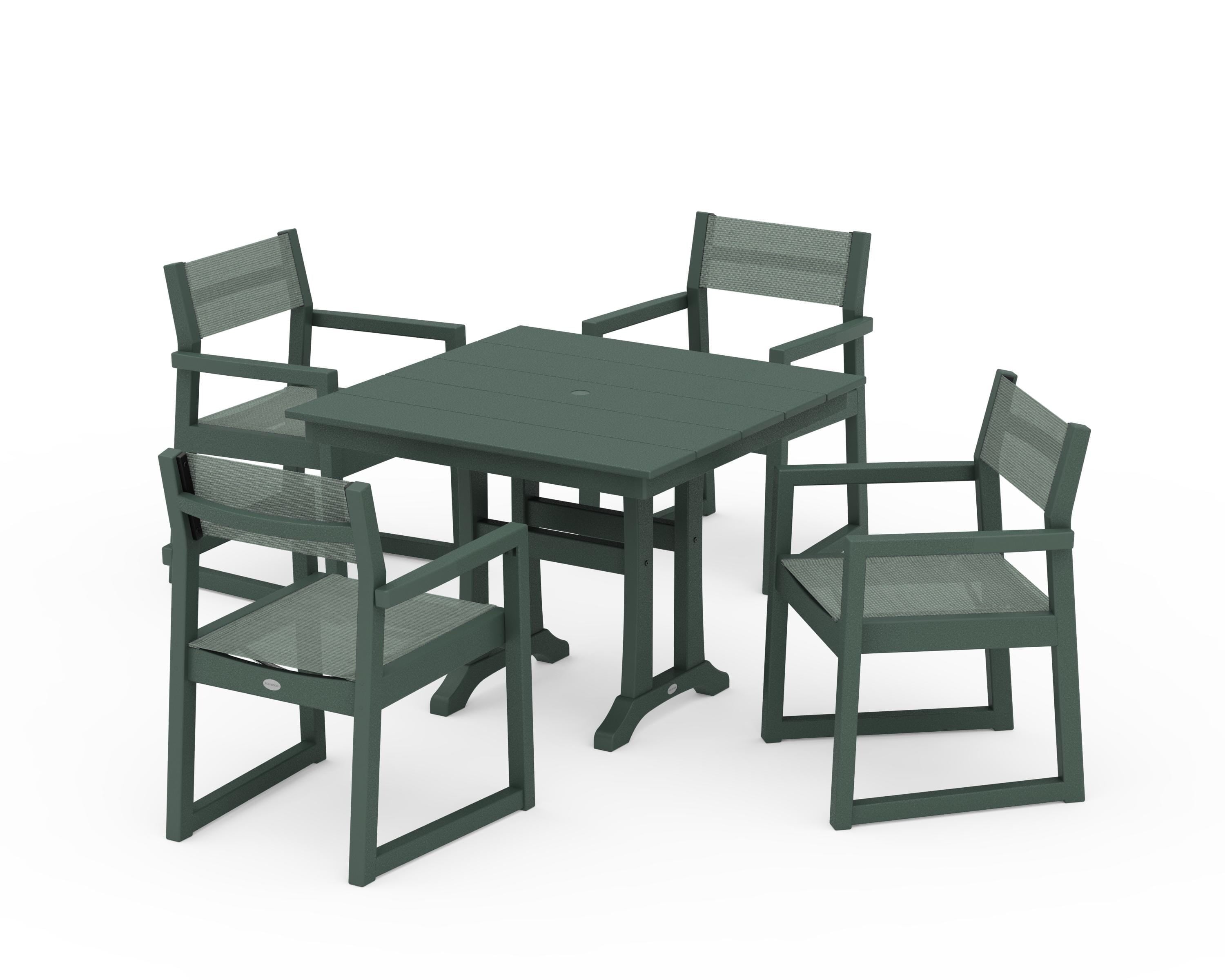 POLYWOOD® EDGE Sling 5-Piece Farmhouse Dining Set with Trestle Legs in Green / Dupioni Sea Mist Sling
