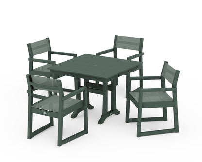 POLYWOOD® EDGE Sling 5-Piece Farmhouse Dining Set with Trestle Legs in Green / Dupioni Sea Mist Sling