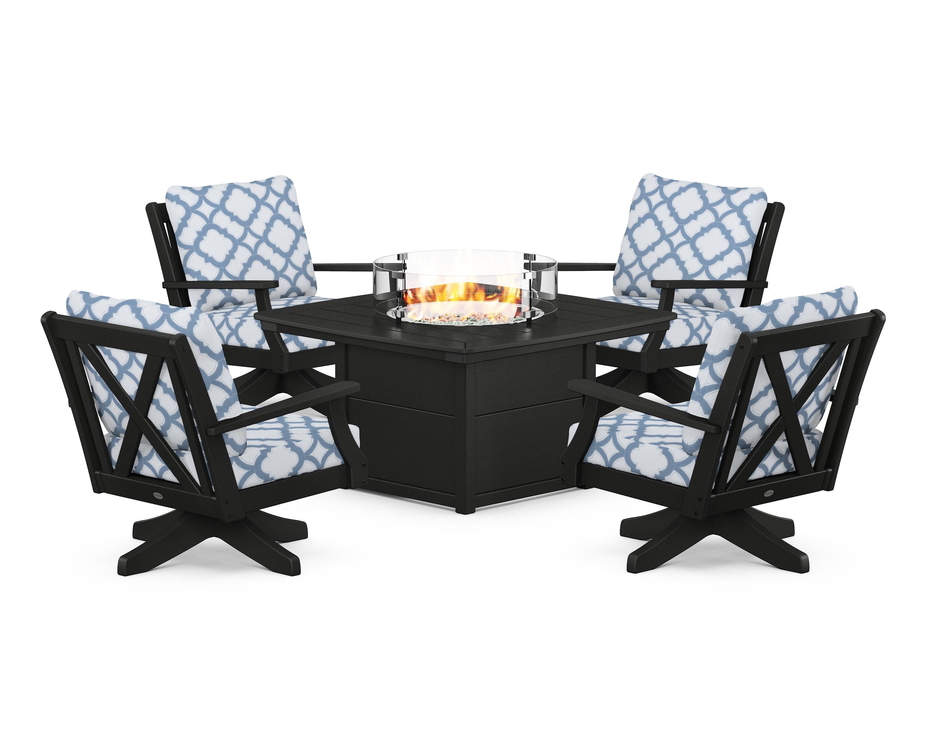 POLYWOOD® Braxton 5-Piece Deep Seating Swivel Conversation Set with Fire Pit Table in Black / Trellis Sky Blue
