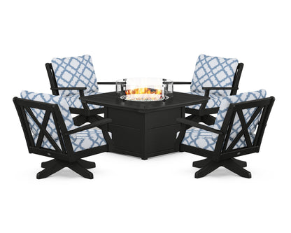 POLYWOOD® Braxton 5-Piece Deep Seating Swivel Conversation Set with Fire Pit Table in Black / Trellis Sky Blue