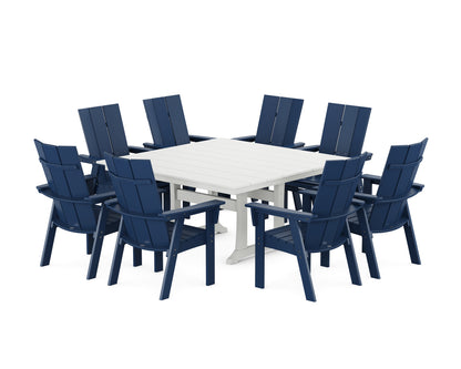 POLYWOOD® Modern Curveback Adirondack 9-Piece Farmhouse Trestle Dining Set in Navy / White