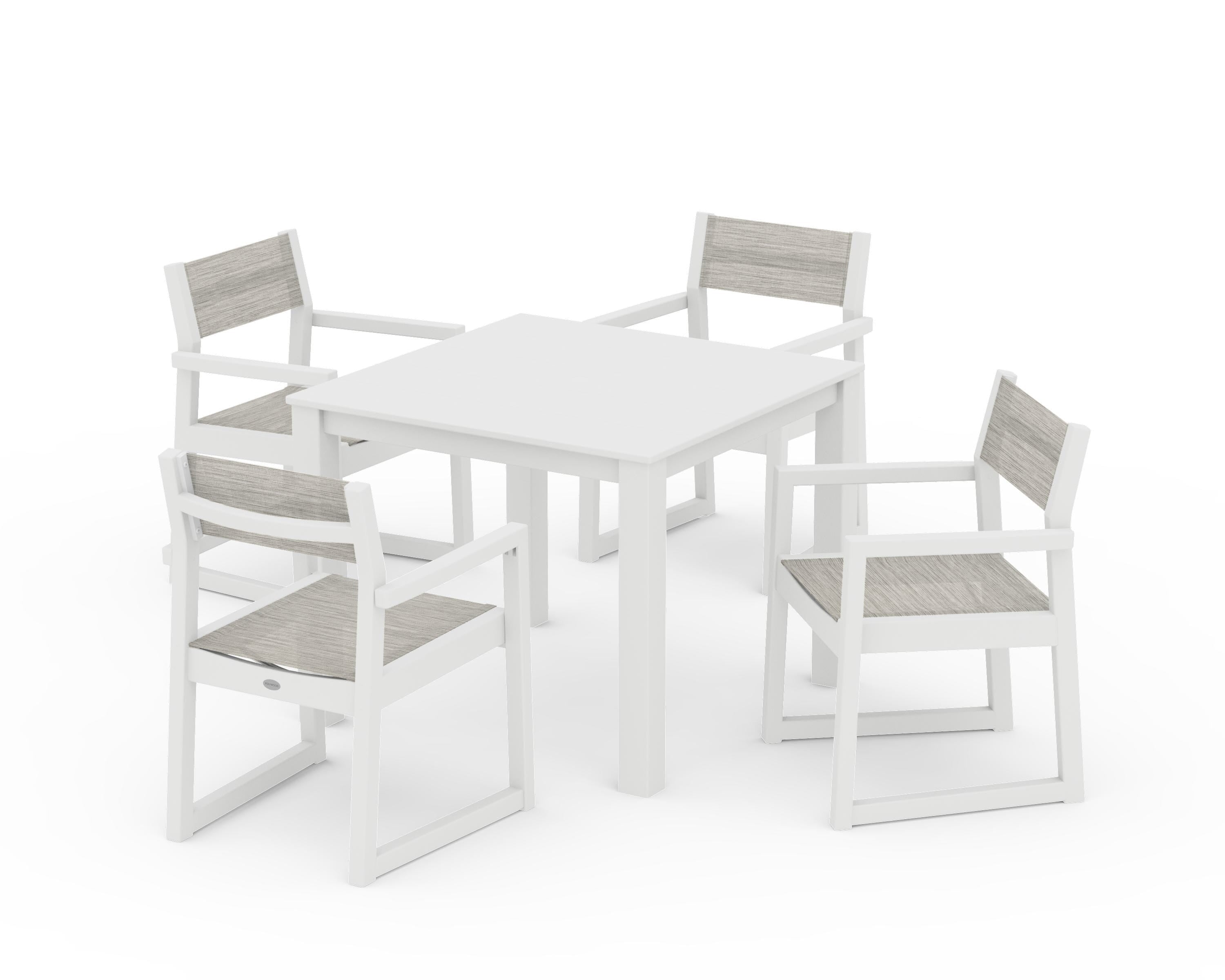POLYWOOD® EDGE Sling Arm Chair 5-Piece Parsons Dining Set in White / Birch Sling