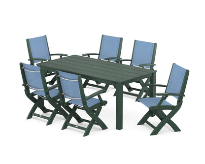 POLYWOOD® Coastal Folding Chair 7-Piece Parsons Dining Set in Green / Poolside Sling