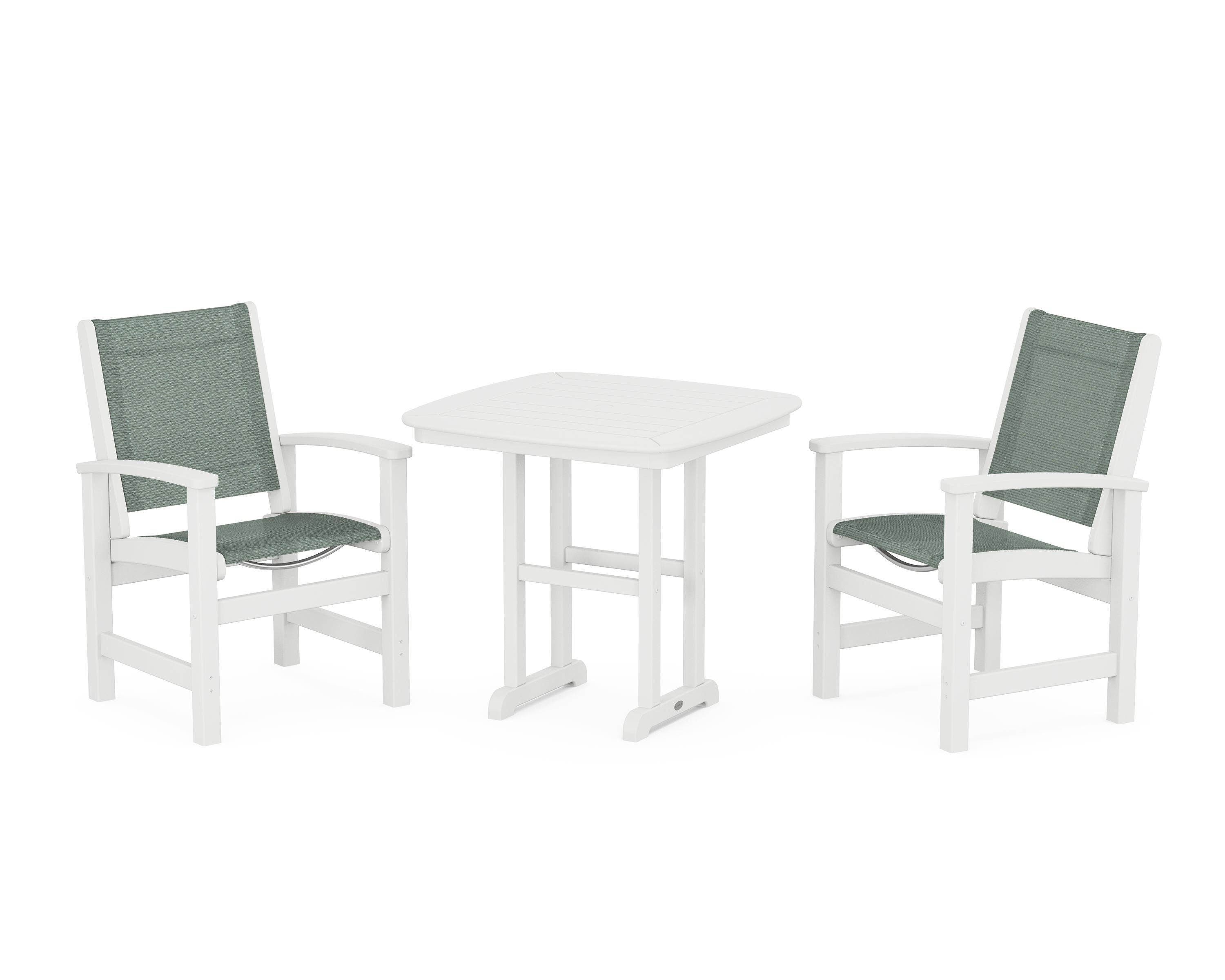 POLYWOOD® Coastal 3-Piece Dining Set in White / Dupioni Sea Mist Sling