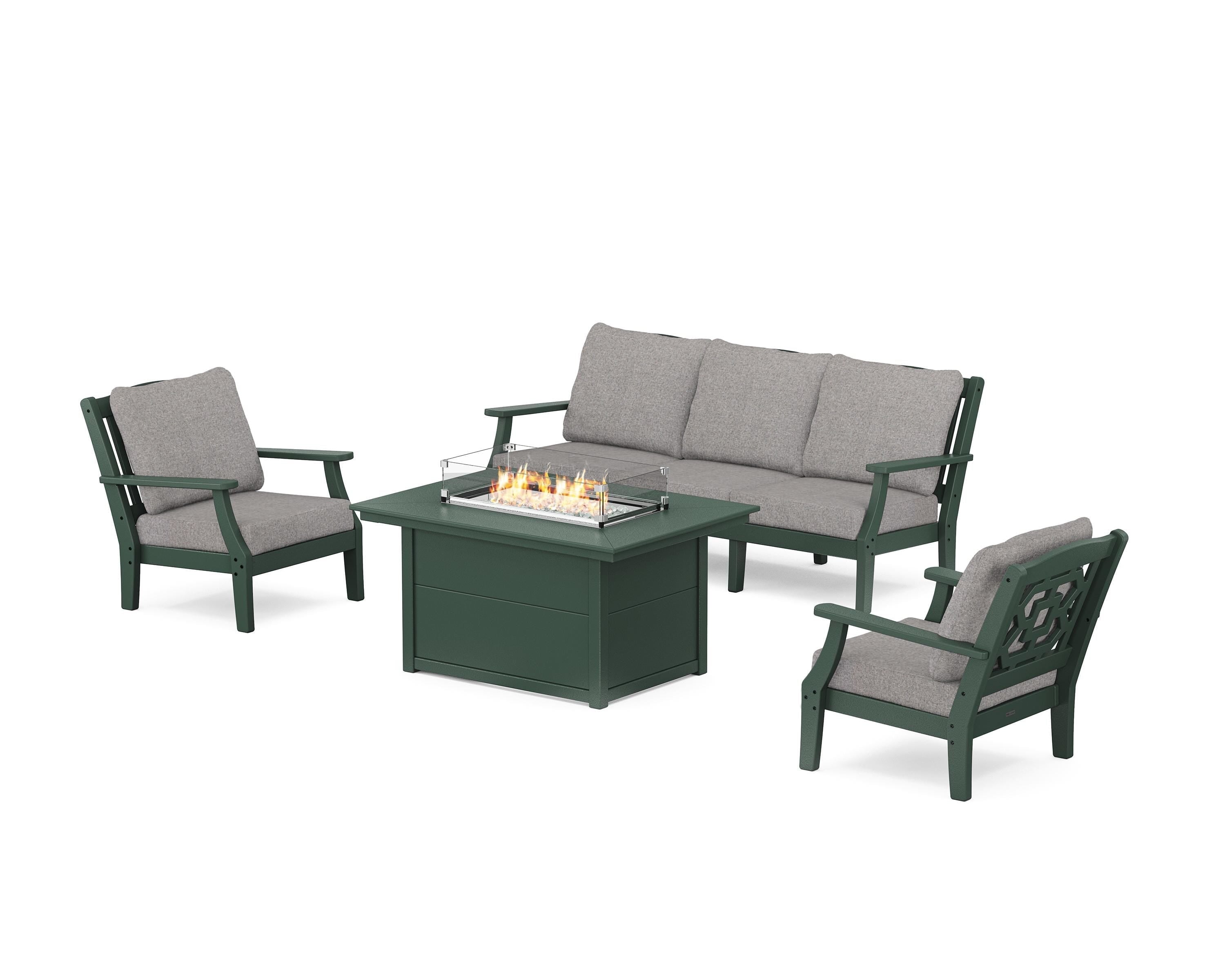 Martha Stewart by POLYWOOD® Chinoiserie Deep Seating Fire Pit Table Set in Green / Grey Mist
