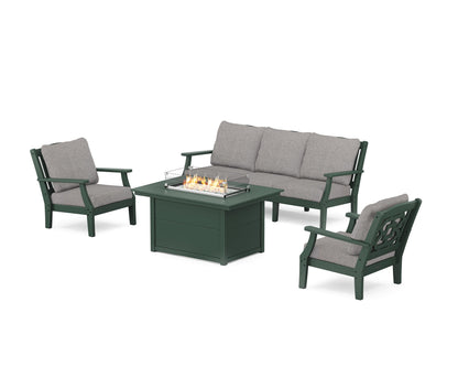 Martha Stewart by POLYWOOD® Chinoiserie Deep Seating Fire Pit Table Set in Green / Grey Mist
