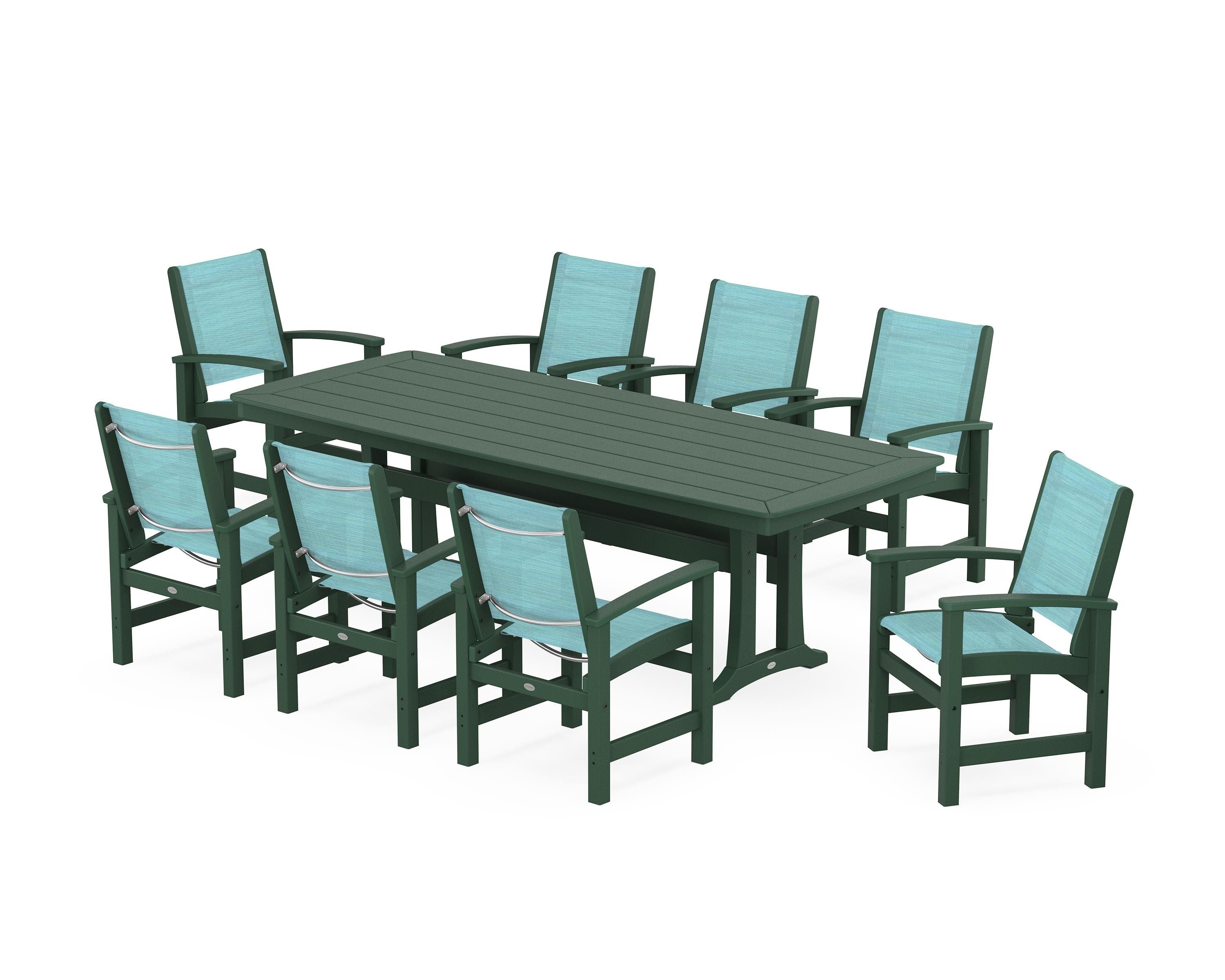 POLYWOOD® Coastal 9-Piece Dining Set with Trestle Legs in Green / Dupioni Aquamarine Sling