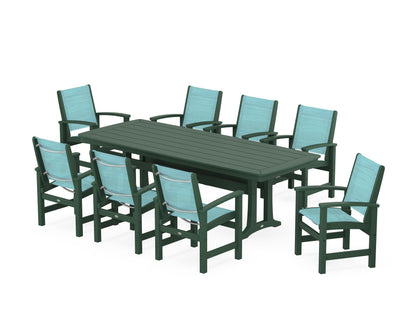POLYWOOD® Coastal 9-Piece Dining Set with Trestle Legs in Green / Dupioni Aquamarine Sling