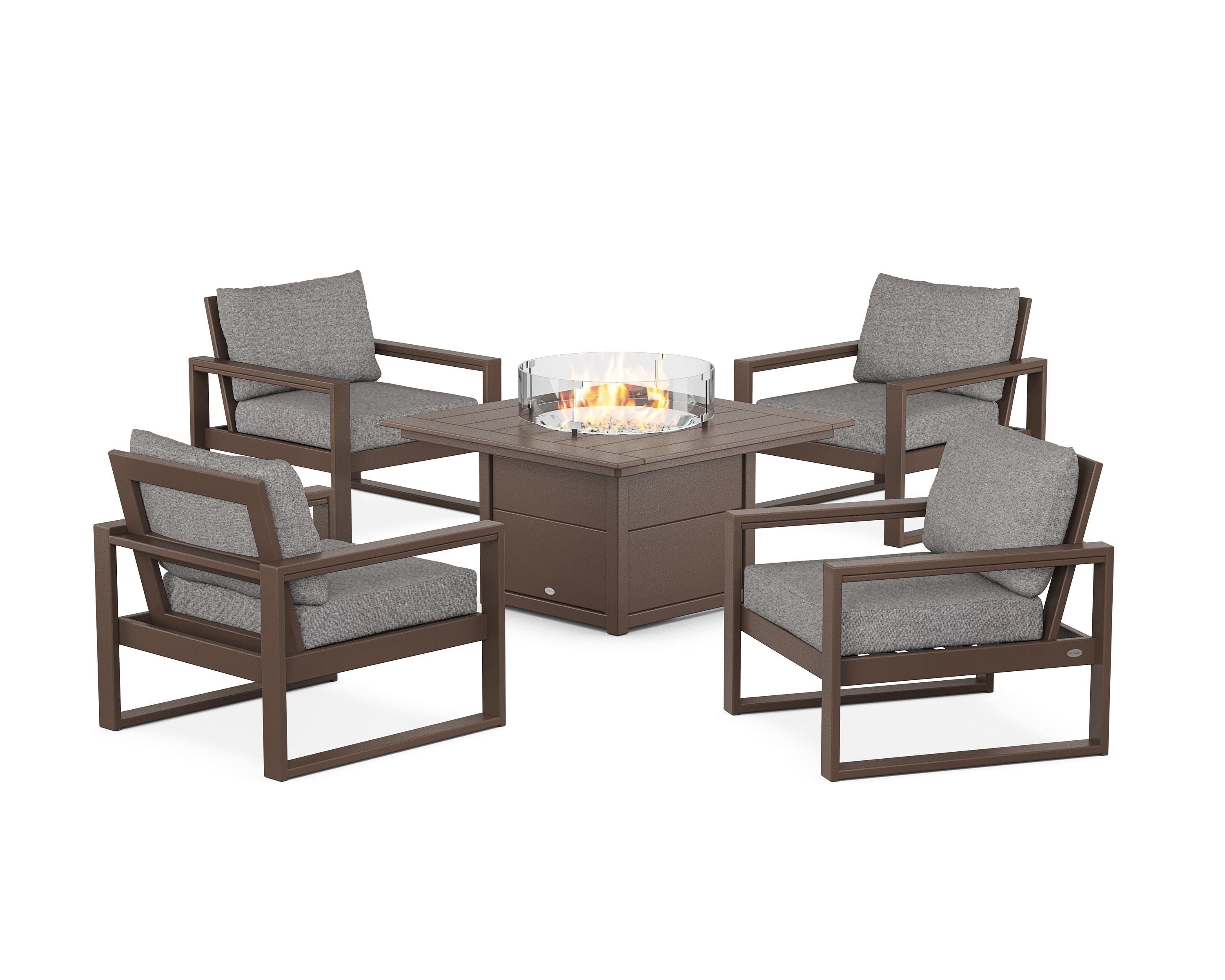 POLYWOOD® EDGE Sectional 5-Piece Deep Seating Set with Fire Pit Table in Mahogany / Grey Mist