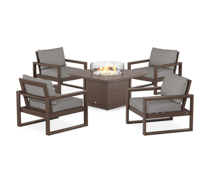 POLYWOOD® EDGE Sectional 5-Piece Deep Seating Set with Fire Pit Table in Mahogany / Grey Mist