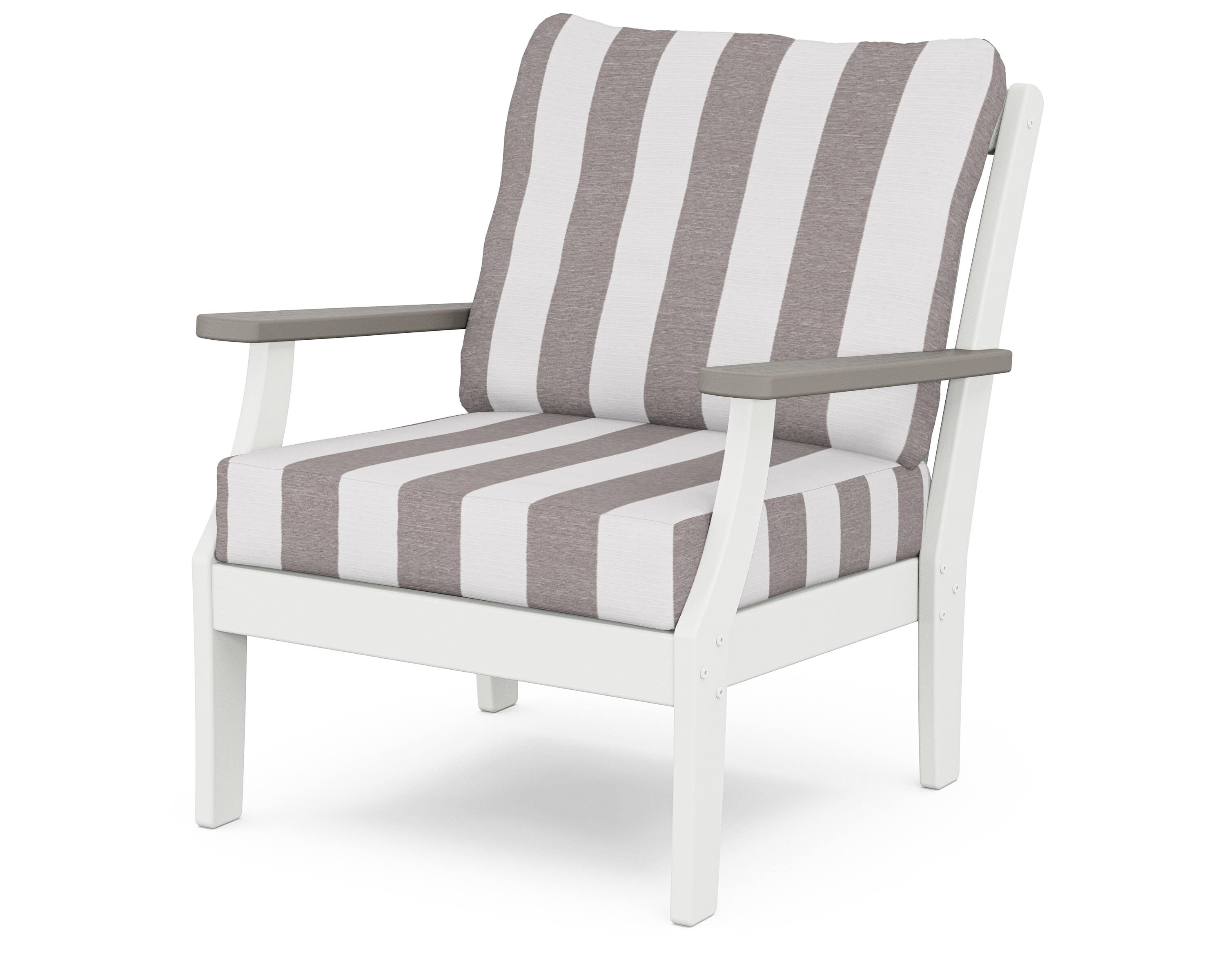 POLYWOOD® Braxton Deep Seating Chair in White / Driftwood / Cabana Stripe Grey Mist