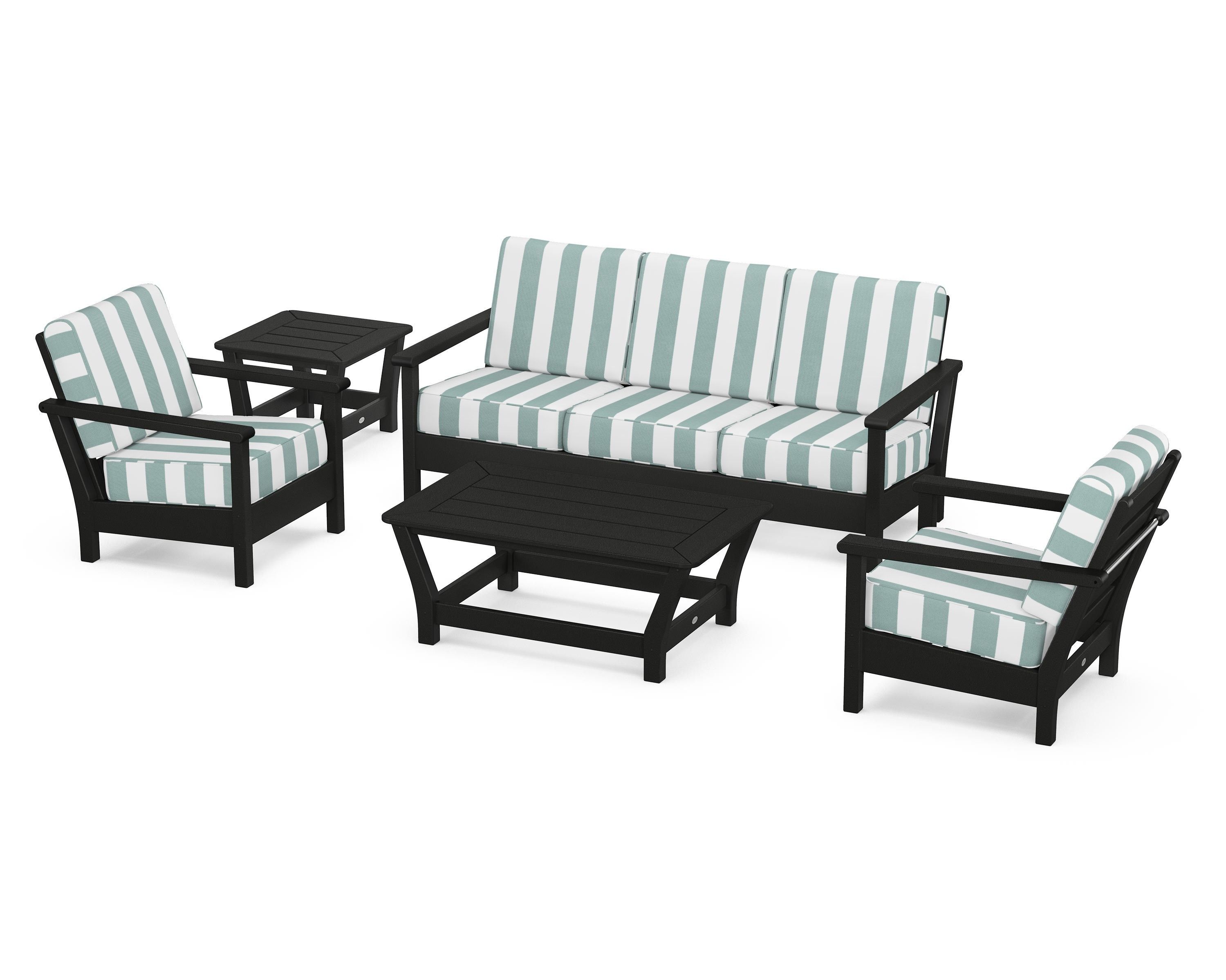 POLYWOOD® Harbour 5-Piece Deep Seating Set in Black / Cabana Stripe Glacier Spa