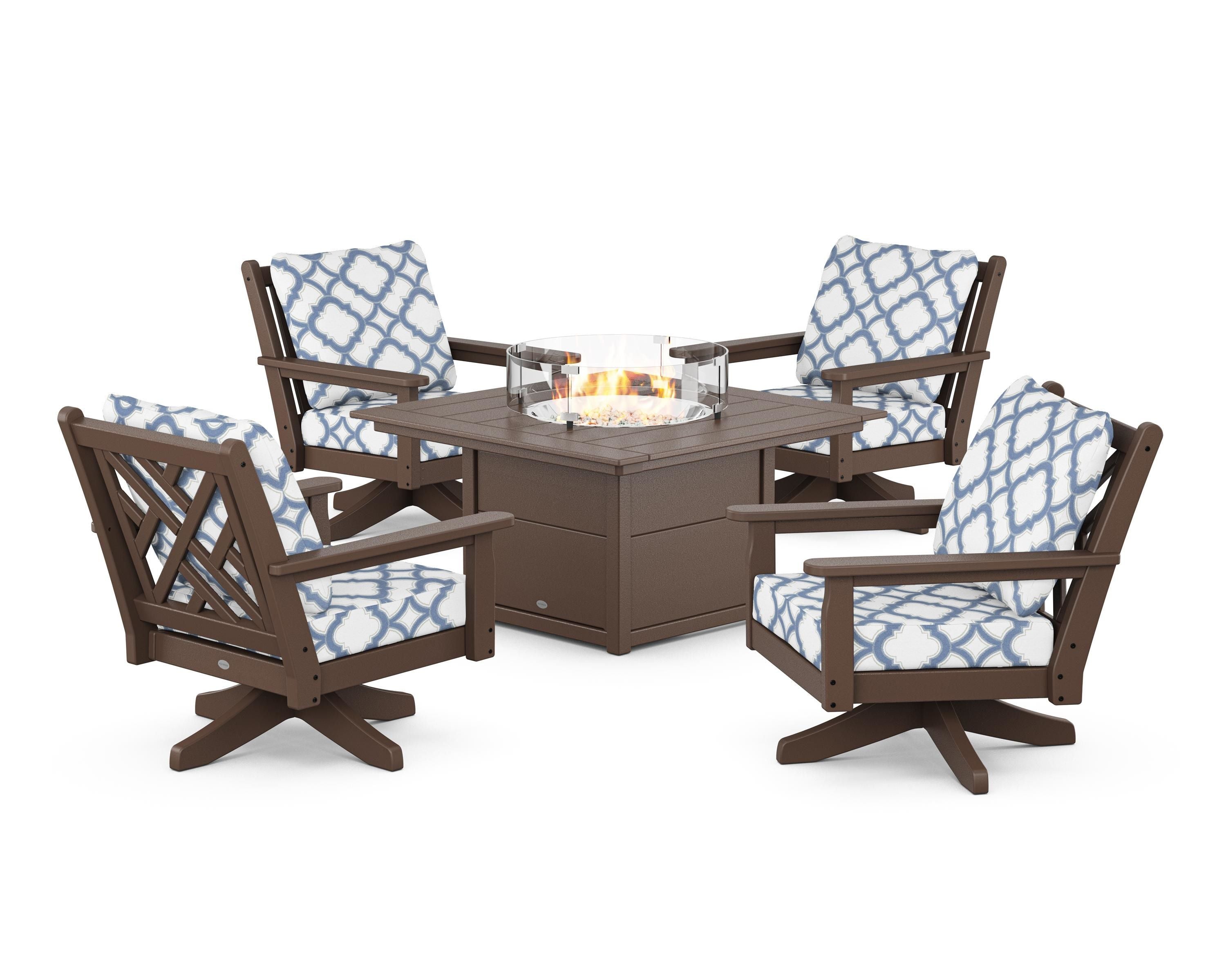 POLYWOOD® Chippendale 5-Piece Deep Seating Swivel Conversation Set with Fire Pit Table in Mahogany / Trellis Sky Blue