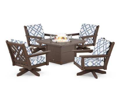 POLYWOOD® Chippendale 5-Piece Deep Seating Swivel Conversation Set with Fire Pit Table in Mahogany / Trellis Sky Blue