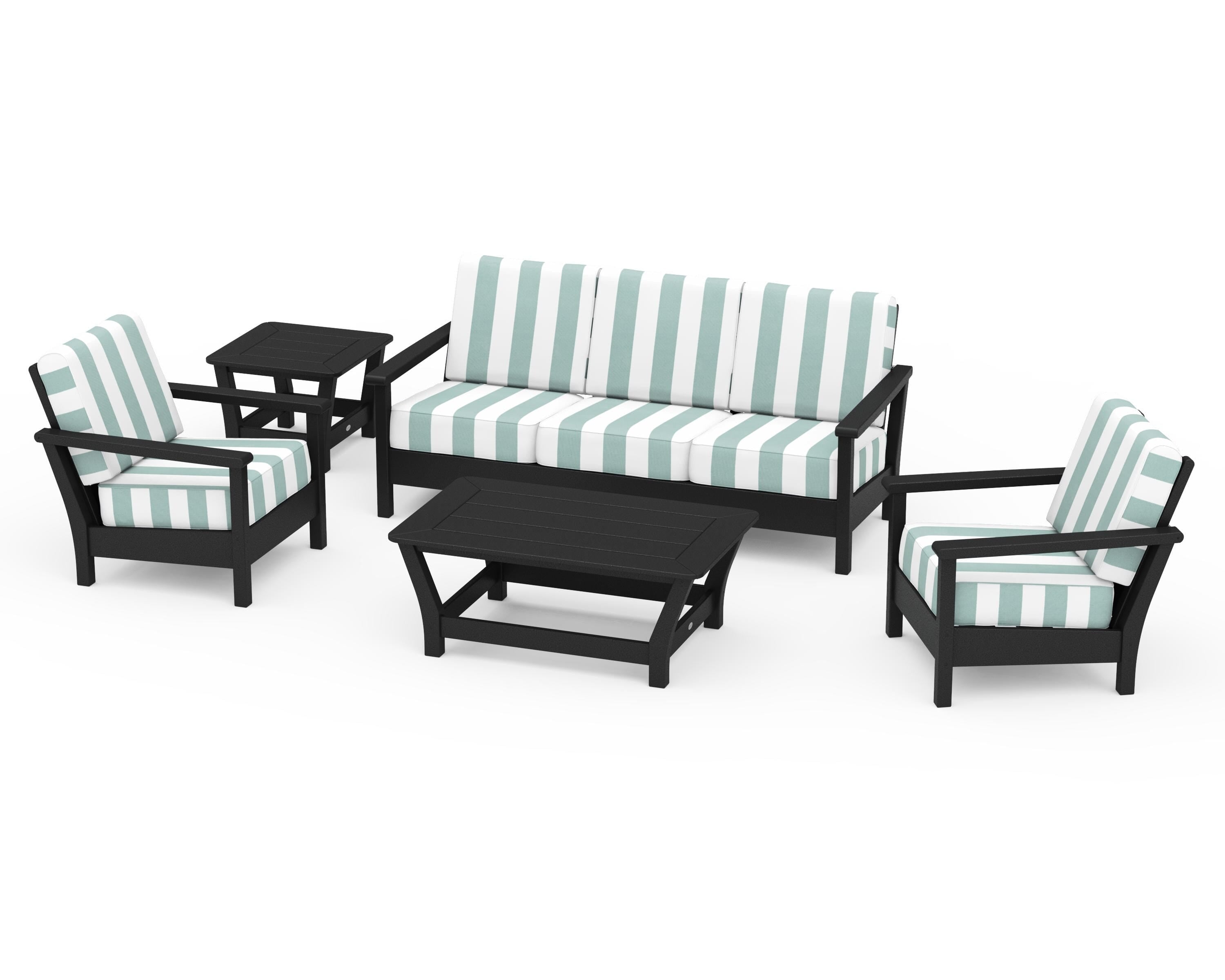 POLYWOOD® Harbour 5-Piece Deep Seating Set in Black / Cabana Stripe Glacier Spa