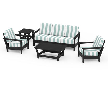 POLYWOOD® Harbour 5-Piece Deep Seating Set in Black / Cabana Stripe Glacier Spa